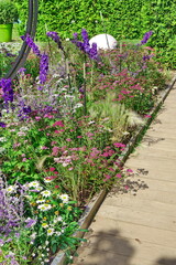 Backyard Garden Modern Design Landscaping. Planked Wooden Boardwalk Garden Landscape Elements. Landscaped Decorative Garden With Pathway Walkway From Wooden Board. Back Yard Path To House Under Lawn.