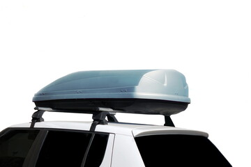 Caravan Car With Trunk Box Isolated On White Background. SUV Car Roof With Luggage Box On Rooftop On The Rack System Isolated. Closeup Of Roadster Car Roof Box And Rack System On Rooftop.