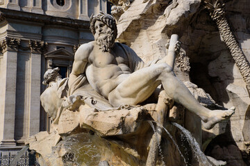 Fontana dei Quattro Fiumi (Fountain of the Four Rivers) at Piazza Navona in Rome, Italy