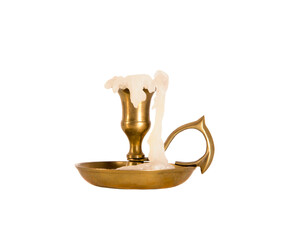 Old brass or bronze candlestick with a candle. isolated on white background.