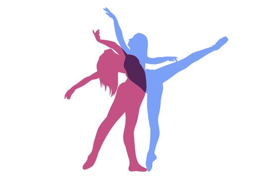 Abstract background with a pair of woman dancers. Overlapping, print over effect. Outline of women athlete in motion. Vector.