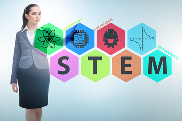 Businesswoman pressing virtual buttons in STEP education concept