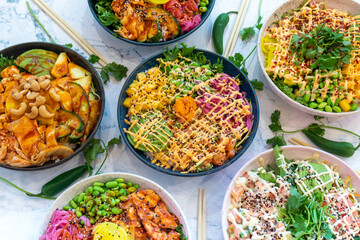 PokéBowls dishes top view, Poke bowl, plat traditional hawaïen, salad bowls meatballs green mains starter diet light dish healthy organic, Avocado Salmon, marinated salmon, pineapple, avocado, 