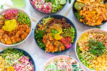 PokéBowls dishes top view, Poke bowl, plat traditional hawaïen, salad bowls meatballs green mains starter diet light dish healthy organic, Avocado Salmon, marinated salmon, pineapple, avocado, PokéBow