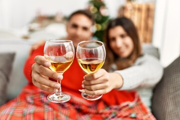 Young couple toasting with glass of champagne sitting on the sofa at home.