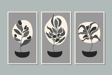 Botanical wall art vector set. Foliage line art drawing with abstract shape monochrome. Abstract Plant Art design for print, cover, wallpaper, Minimal and natural wall art. Vector illustration.