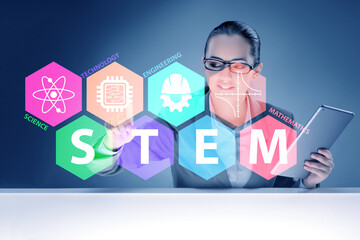 Businesswoman pressing virtual buttons in STEP education concept