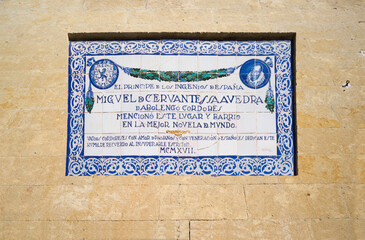 Miguel de Cervantes Saavedra memorial plaque. Plaza del Potro de Cordoba, Spain