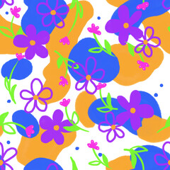 Fototapeta na wymiar Groovy modern floral seamless repeat pattern illustration in blue, orange, green, purple, pink, flowers, stems, leaves, dots, and abstract shapes