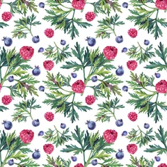 Foto auf Glas Seamless pattern watercolor blueberry and raspberry summer sweet food with green leaves on white background. Hand-drawn creative fresh berries for menu, card, textile, wallpaper, wrapping, postcard © NatashaKun