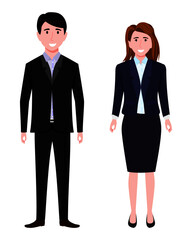 Young happy businessman and businesswoman character wearing beautiful outfit standing posing with cheerful expression isolated