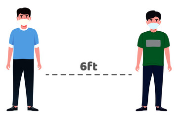 Young happy businessman characters team wearing beautiful colorful outfits and facial mask standing and keeping social distance isolated