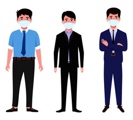 Young happy businessman characters team wearing beautiful colorful outfits and facial fabric mask standing isolated and posing