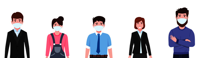Fototapeta premium Young happy businessman character team wearing beautiful colorful outfits and facial fabric mask standing isolated and posing
