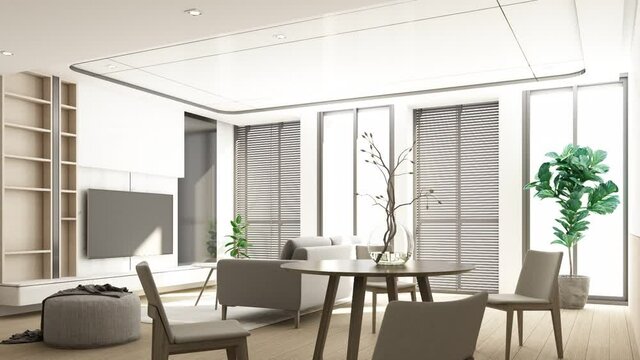Building Up Living room modern wooden style with furniture sofa and dining table and tv cabinet 3d rendering animation