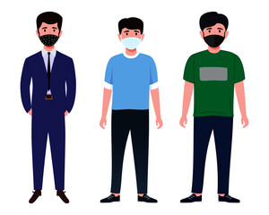 Young happy businessman characters team wearing beautiful colorful outfits and facial fabric mask standing isolated and waving