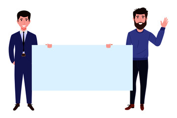 Young happy businessman characters team wearing beautiful colorful outfits and facial mask standing and holding blank placard isolated