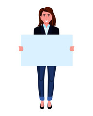 Young happy businesswoman character wearing beautiful colorful outfits and facial mask standing and holding blank placard isolated