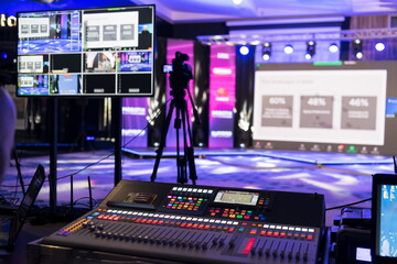 Live internet streaming of business conference meeting,online webinar or seminar via social network broadcast in new normal, covid outbreak,elearning. - obrazy, fototapety, plakaty