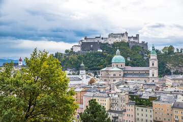 Fototapeta na wymiar Vew of Salzburg and Festung Hohensalzburg (Salzburg Fortress) - Salzburg, Austria