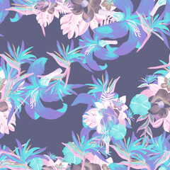 Navy Pattern Illustration. Coral Tropical Texture. Violet Floral Background. Indigo Flora Nature. Purple Decoration Botanical. Cobalt Wallpaper Hibiscus. Blue Spring Palm.