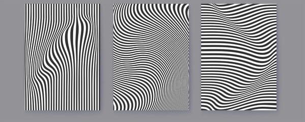 Set of covers with wavy lines. Abstract minimalistic patterns on posters. Black and white pattern. Vector 3d illustration