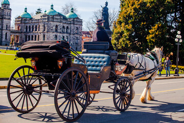 Fototapeta na wymiar Victoria, British Columbia Canada - March 2016: Tourists enjoy their horse-drawn carriage ride in Victoria, B.C. CANADA