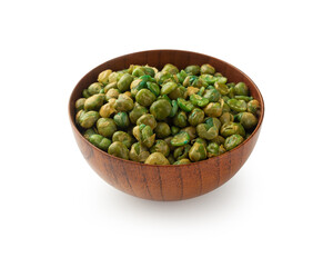 Salted green peas in wooden bowl isolated on white background with clipping path.