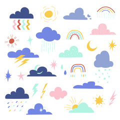 Obraz premium A set of celestial elements - clouds, rainbows, stars, sun. Kids vector Illustration