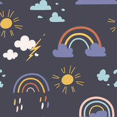Seamless cute pattern with rainbows and celestial elements. Perfect for kids fabric, textile, nursery wallpaper