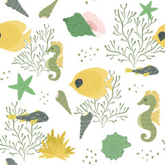 Obraz premium Seamless childish pattern with sea life – fish, seaweeds, seahorse, starfish, shells, Seahorse. Perfect for kids fabric, textile, nursery wallpaper.