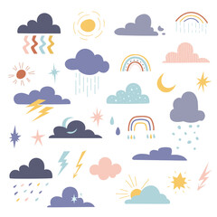 A set of celestial elements - clouds, rainbows, stars, sun. Kids vector Illustration