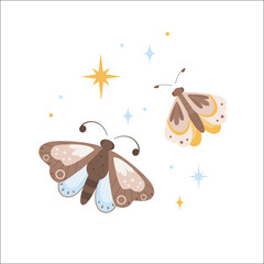 Butterflies among the stars. Perfectly look on t-shirt, poster, nursery decoration, apparel design.