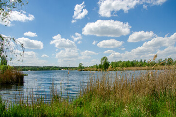 Beautiful summer sunny landscape with lake, green grass and sky with clouds