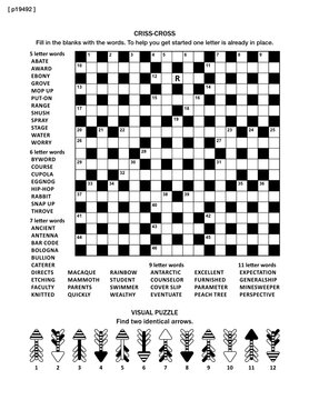 Puzzle page with two puzzles: big 19x19 criss-cross word game (English language) and small visual puzzle with whimsical arrows. Black and white, A4 or letter sized. Answers are on separate file
