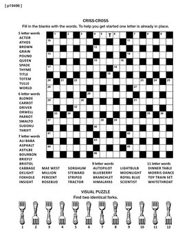 Puzzle page with two puzzles: big 19x19 criss-cross word game (English language) and small visual puzzle with forks. Black and white, A4 or letter sized. Answers are on separate file
