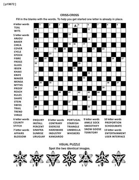 Puzzle page with two puzzles: 19x19 criss-cross word game (English language) and visual puzzle with whimsical shapes. Black and white, A4 or letter sized. Answers are on separate file named p19674.
