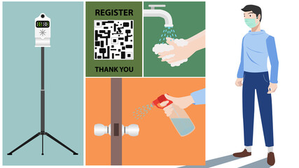 Defense Strategy virus Covid-19. Man wearing a mask. Temperature scanner with automatic hand washing. Spraying a disinfectant spray before opening the door. Scan to register. Wash your hands often.