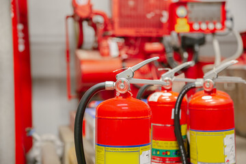 Inspection Fire extinguisher and fire hose,Ready to use in the event of a fire.Safety first concept.