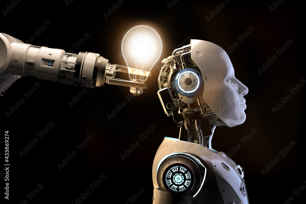 Poster artificial intelligence robot or cyborg with shiny light bulb
