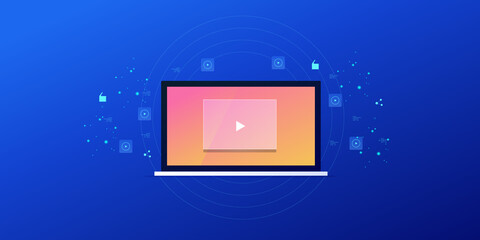 Interactive video content, business media technology, video marketing and advertising with viral content, video player displaying on laptop screen. Abstract web banner with neon effect.