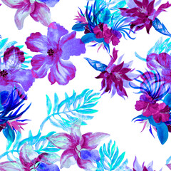Colorful Watercolor Leaf. Green Flower Garden. Purple Seamless Backdrop. Blue Pattern Print. Pink Tropical Plant. Isolated Set. Fashion Texture.