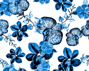 Azure Botanical Background. Blue Orchid Foliage. Navy Hibiscus Plant. Flower Backdrop. Watercolor Foliage. Seamless Background. Pattern Foliage. Tropical Painting.