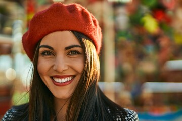 Young hispanic woman smiling happy standing at the city.