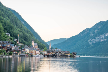 Fototapeta na wymiar Great views of the lake and Hallstatter and Hallstatt Lutheran Church. Picturesque and gorgeous scene. Location famous place , Austria, region of Salzkammergut, Europe. Beauty world.