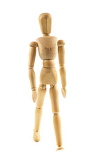 Wooden figure walking  on white background