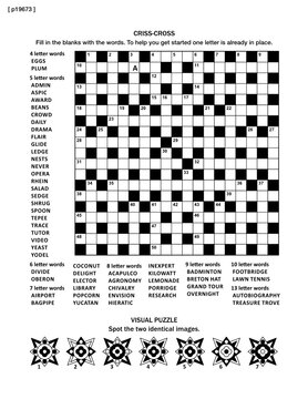 Puzzle page with two puzzles: 19x19 criss-cross word game (English language) and visual puzzle with whimsical shapes. Black and white, A4 or letter sized. Answers are on separate file named p19674.
