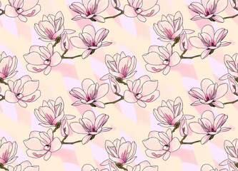 Blooming magnolia. Branches with flowers. Seamless background. Material for printing on paper or fabric.