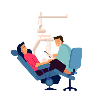 Dentist examining patient. Woman in dental clinic. Doctor in uniform holding instruments and preparing equipment. Female sitting in armchair. Tooth care and medicine. Vector dentistry