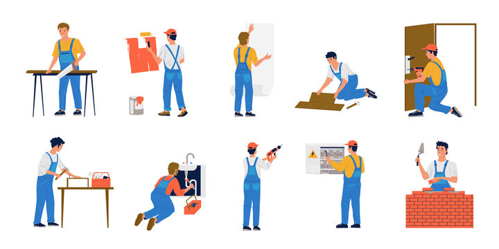 Home repair workers. House maintenance. Construction brigade make renovation. Painter glues wallpaper and workman builds brick wall. Plumber works with sewerage. Vector repairmen set
